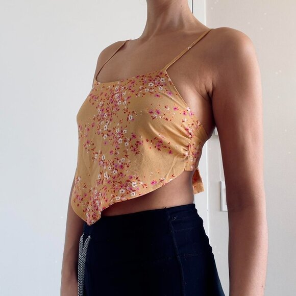 Tan beige backless crop top with pink flowers bow tie back  | Size S - Picture 2 of 8